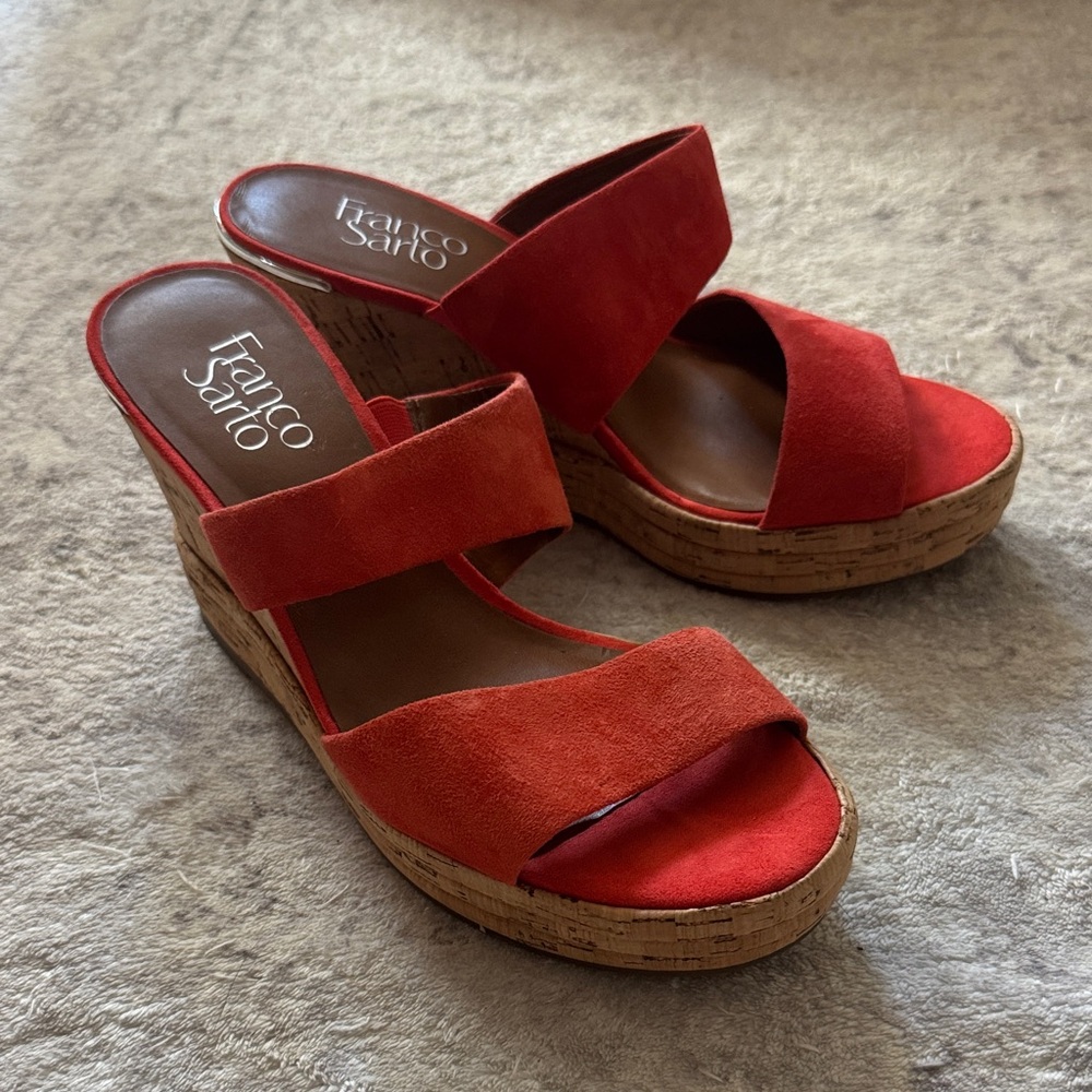 Franco Sarto Orange-Red Suede Cork Wedge Sandals